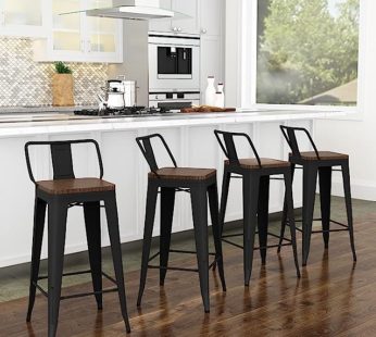 24″ Metal Barstools Set of 4 Counter Bar Stools with Wood Top Low Back Matte Black